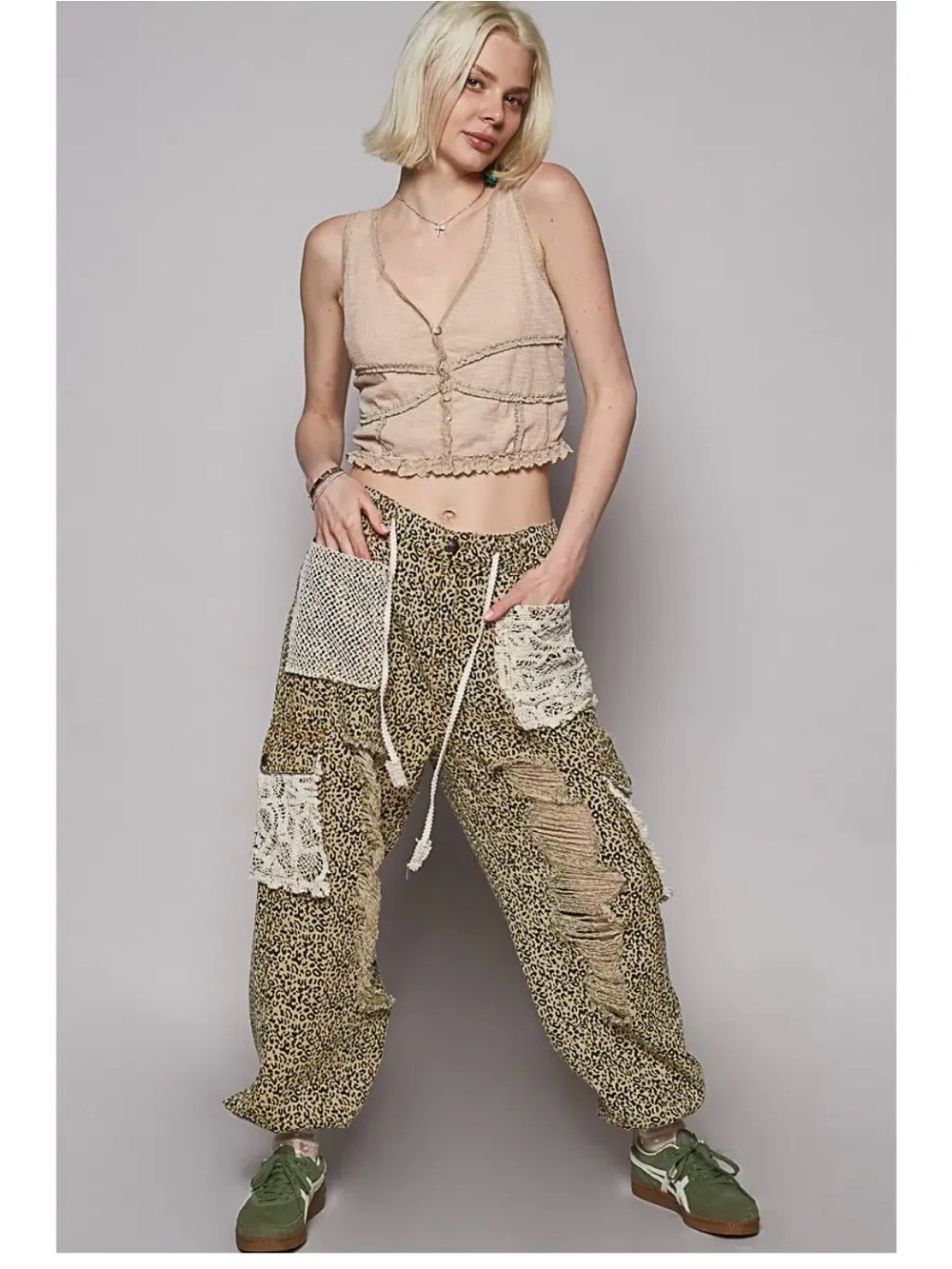 POL Leopard Patchwork Joggers - Beige/Olive
